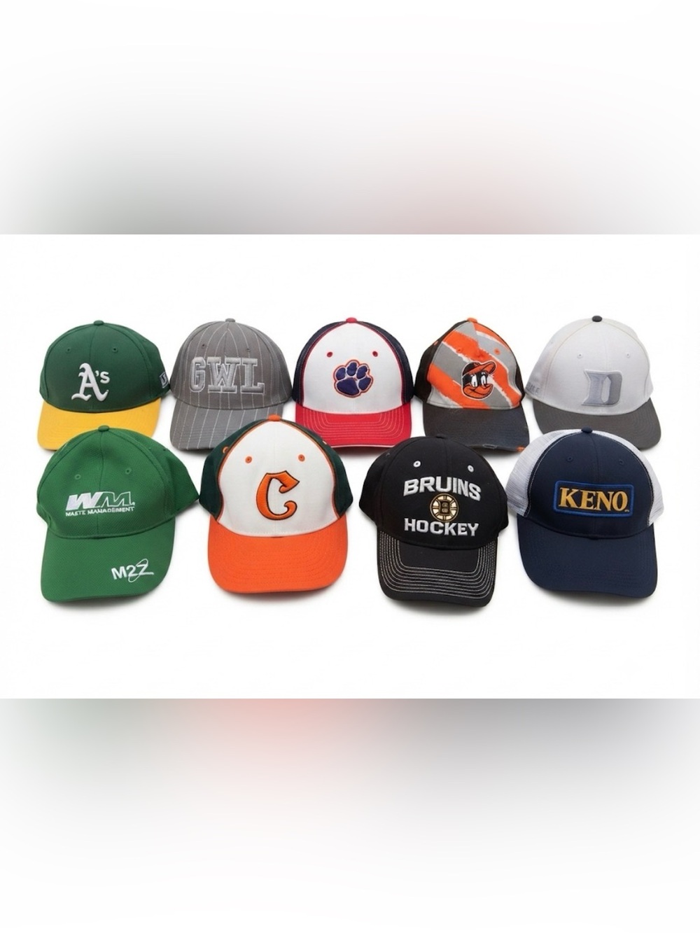 Lot of 8 Assorted Baseball Hats Caps - MLB A’s, Bruins, Keno, Sports Promotional